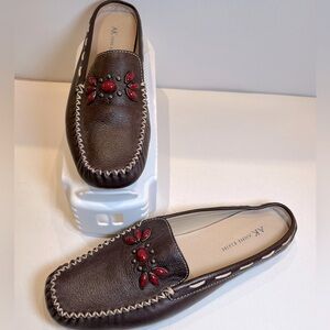 Anne Klein Magoshen Leather Moccasin-Style Flat Mule  - Chocolate Brown - 7-1/2